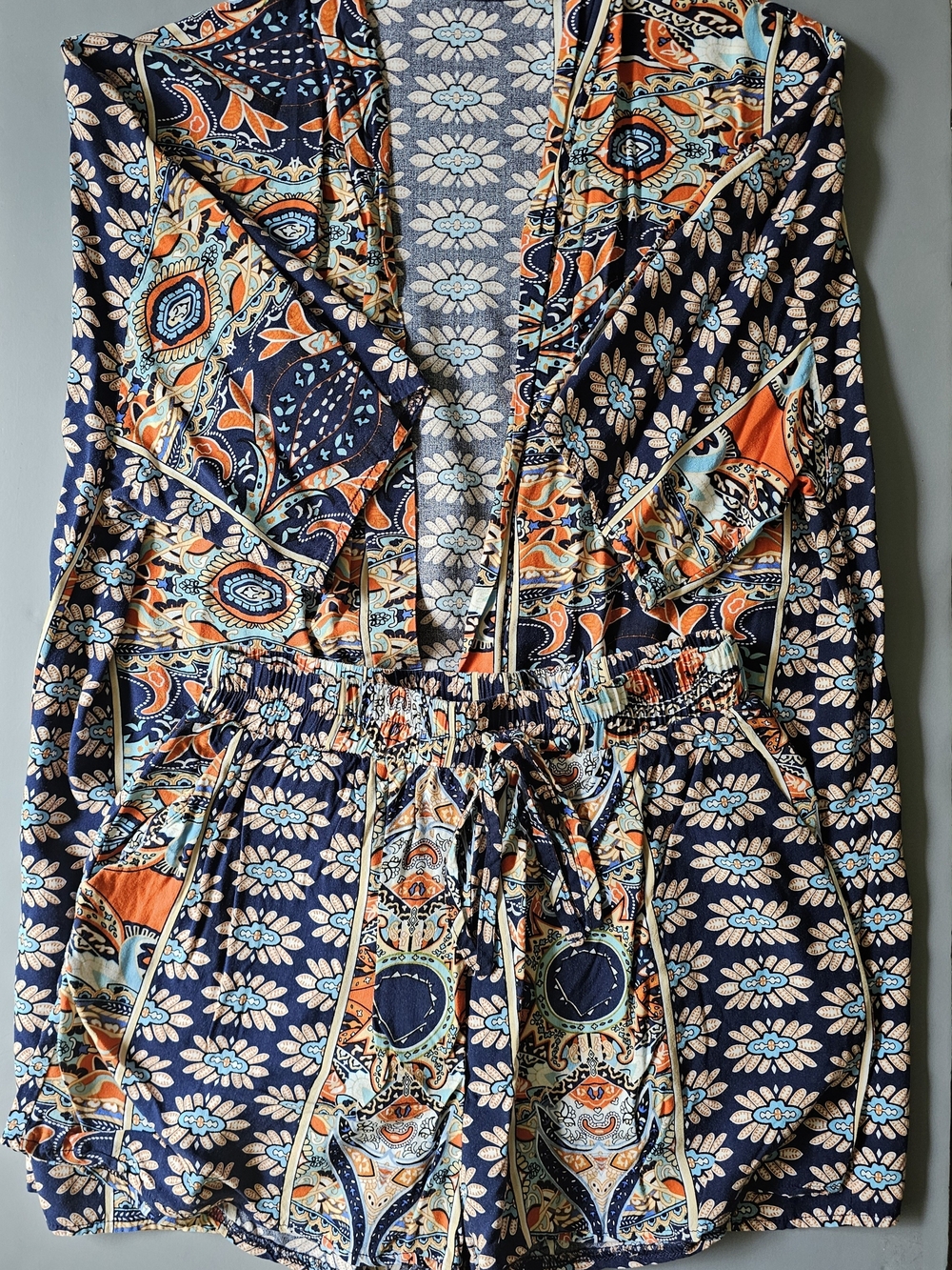 SHEIN Navy & Orange Floral Print Romper Jumpsuit